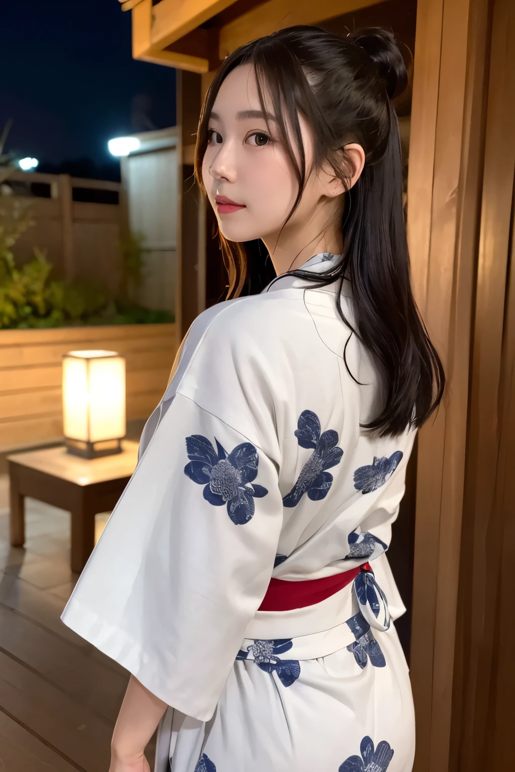 ((Highest quality)), ((masterpiece)), (detailed), One girl, Traditional Yukata、White、glamorous、Night view、Japanese、Black Hair、The back is hidden、The nape is clean、Red gorgeous obi