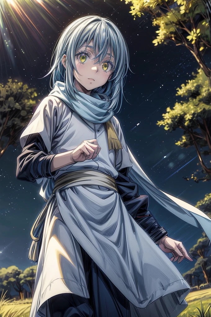 masterpiece, best quality, extremely detailed CG unity 8k wallpaper, Digital art of Rimuru Tempest from the anime TenSura, Cute Boys, long blue hair, Big eyes, Yellow Eyes, Blue lashes, Navy blue clothes, White scarf, The background is the prairie, Lens flare, Cinema lighting, Bright light, Realistic Backgrounds, Octane Rendering Style, Super detailed