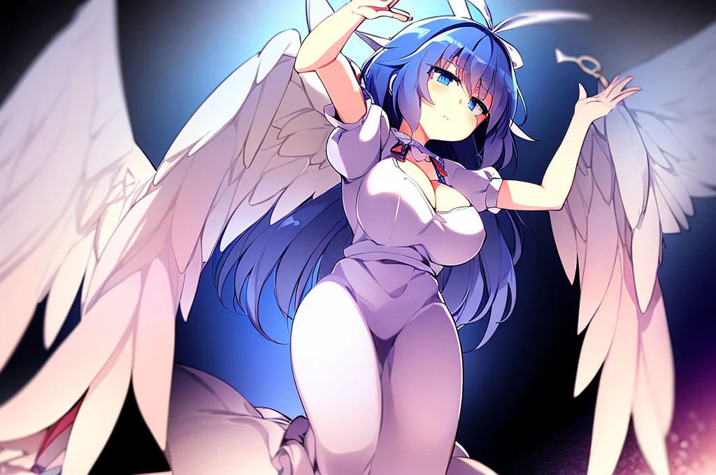 (best quality,4k,8k,highres,masterpiece:1.2), top-quality(​masterpiece), top-quality, ultra-detailed, highly detailed texture, intricate details, high quality textures, A cute teenage angel with blue eyes, big pink ribbon in her hair, drawn in anime style, 1girl, (((1girl in))), , 10 years old, (((loli))), ((childish)), medium blue hair, hair flaps, pink ribbon on head, well-formed face, Beautiful face, blue eyes, pretty eyes, angel girl, white blouse, puffy short sleeves, red ribbon, angel wings, long white skirt, red shoes, frills, ribbon head, A pair of angel wings on the back, clean line drawings, cute, from behind, to lift up one’s skirt, cowboy shot, from front, standing , raise one leg, crossed arms, arms up behind, arms behind back, hand between legs, put hands hip, one hand on hip, forward hands, arms raised in the air, punch hands, peace sign, waving, put up index finger, sit, lie down, closed eyes, lie face down, looking back, put one hand chest, leaning forward, cleavage, close up, horizontally outstretched arms, horizontally outstretched legs, front view, front face, huge breasts for short stature, cleavage is clearly visible ,G-Cup