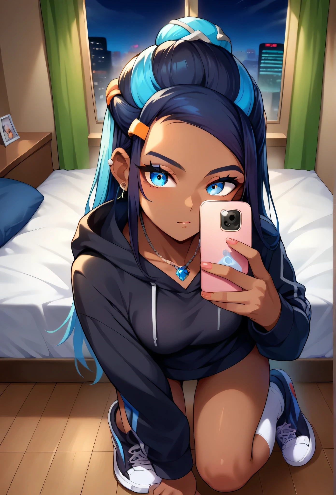 score_9, score_8_up,score_7_up, source_anime, 1girl, solo, EPpkNessa, blue eyes, black hair, blue hair, streaked hair, single hair bun, dark skin, dark-skinned female, necklace, ear piercing, black hoodie, white socks, kneehighs, sneakers, black sneakers, selfie, taking picture, mirror selfie, bedroom, bed, mirror, at a dark room, at night , city view from the window, gyaru,