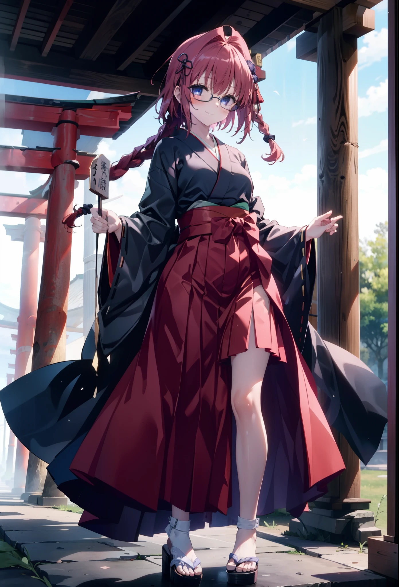 Meia Kurosaki,Meia Kurosaki,Redhead,Long Hair,Long braids,Purple eyes,Glasses, (Small breasts:1.2),Shrine maiden, 白いkimono, kimono, As with the skirt, Wide sleeves, Long sleeve, Red too,Long skirt,White tabi,Sandals,smile,blush,Sleeves edged with ribbon, whole bodyがイラストに入るように,
break looking at viewer,whole body,
break outdoors, shrine,torii,
break (masterpiece:1.2), Highest quality, High resolution, unity 8k wallpaper, (shape:0.8), (Beautiful attention to detail:1.6), Highly detailed face, Perfect lighting, Extremely detailed CG, (Perfect hands, Perfect Anatomy),