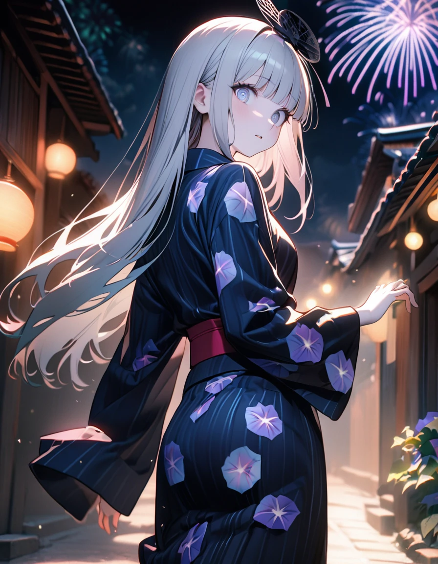 (8K, best quality, master piece: 1.2),super high resolution,1 girl,solo,16yo,ultra-detailed face,detailed eyes,silver eyes,blunt bangs,silver hair,Straight hair,Long hair,pale skin,astonished,(black Fascinator),lash extension,parted lips,BREAK,Morning glory flower pattern navy blue yukata,Japanese clothes,(long sleeve, long hem),cowboy shot,Looking back at the viewer,Reaching out a hand,pink rim light,(fireworks shining in the nigh tview)