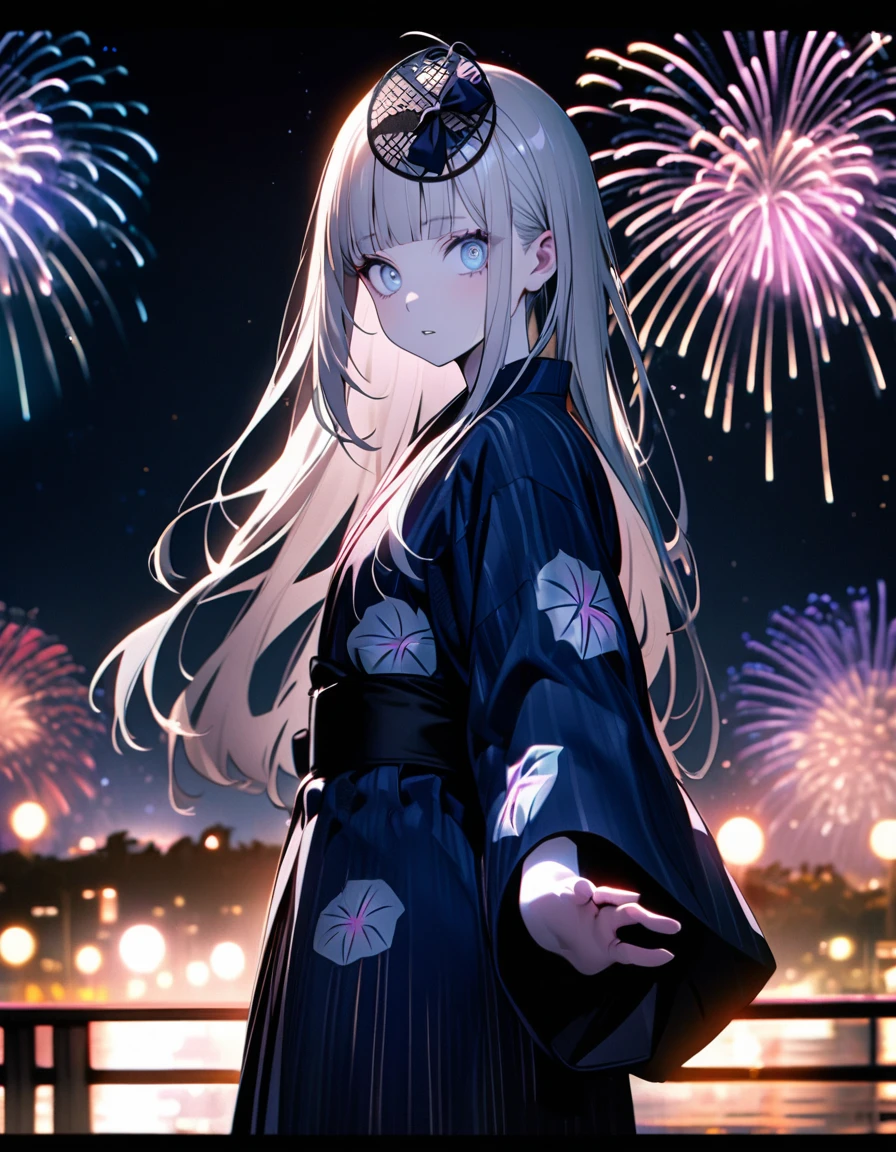 (8K, best quality, master piece: 1.2),super high resolution,1 girl,solo,,ultra-detailed face,detailed eyes,silver eyes,blunt bangs,silver hair,Straight hair,Long hair,pale skin,astonished,(black Fascinator),lash extension,parted lips,BREAK,Morning glory flower pattern navy blue yukata,Japanese clothes,(long sleeve, long hem),cowboy shot,Looking back at the viewer,Reaching out a hand,pink rim light,(fireworks shining in the nigh tview)