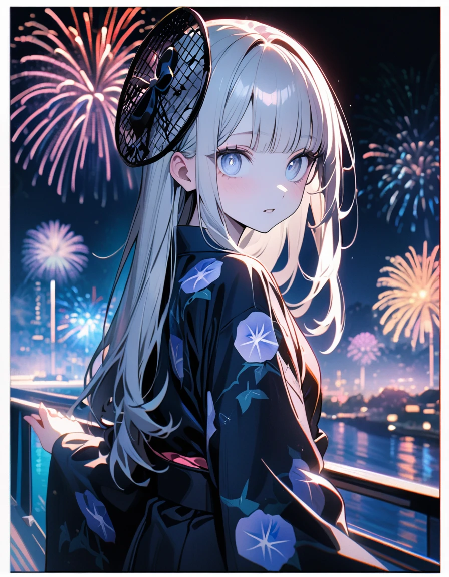 (8K, best quality, master piece: 1.2),super high resolution,1 girl,solo,16yo,ultra-detailed face,detailed eyes,silver eyes,blunt bangs,silver hair,Straight hair,Long hair,pale skin,astonished,(black Fascinator),lash extension,parted lips,BREAK,Morning glory flower pattern navy blue yukata,Japanese clothes,(long sleeve, long hem),cowboy shot,Looking back at the viewer,Reaching out a hand,pink rim light,(fireworks shining in the nigh tview)