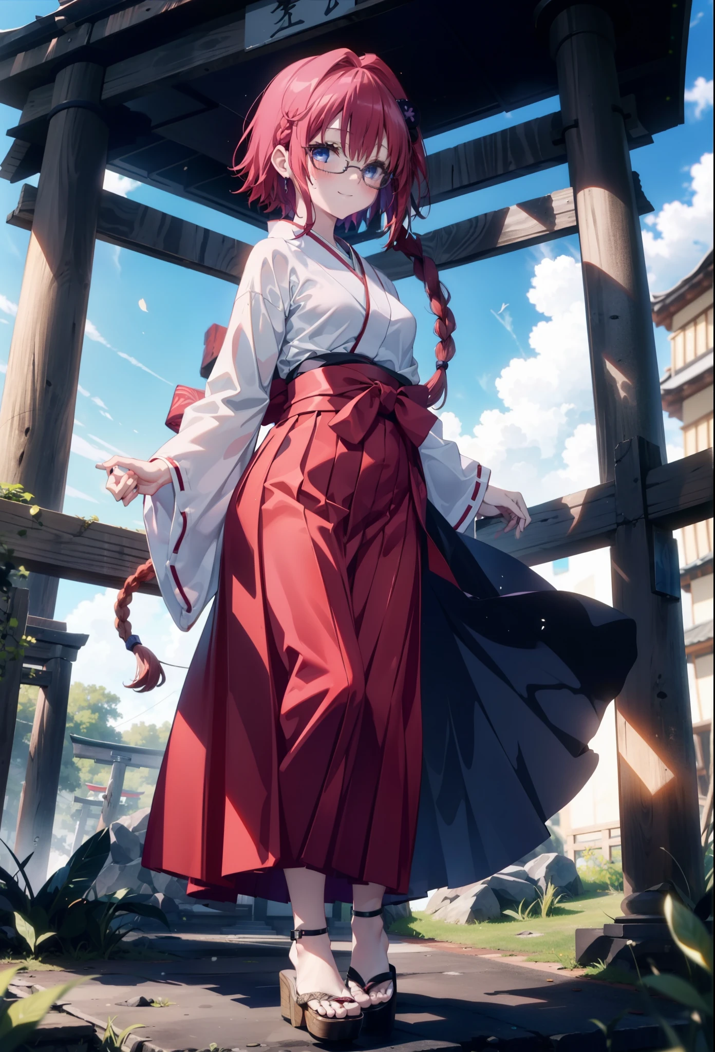 Meia Kurosaki,Meia Kurosaki,Redhead,Long Hair,Long braids,Purple eyes,Glasses, (Small breasts:1.2),Shrine maiden, 白いkimono, kimono, As with the skirt, Wide sleeves, Long sleeve, Red too,Long skirt,White tabi,Sandals,smile,blush,Sleeves edged with ribbon, whole bodyがイラストに入るように,
break looking at viewer,whole body,
break outdoors, shrine,torii,
break (masterpiece:1.2), Highest quality, High resolution, unity 8k wallpaper, (shape:0.8), (Beautiful attention to detail:1.6), Highly detailed face, Perfect lighting, Extremely detailed CG, (Perfect hands, Perfect Anatomy),
