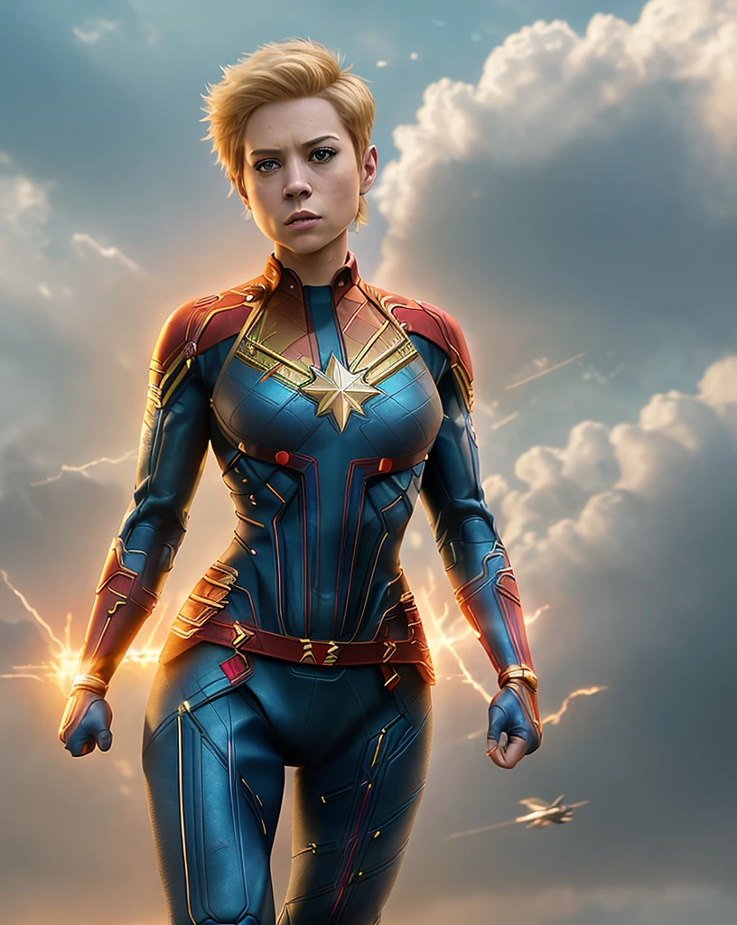 full body shot of kathwin:1,side lighting,(short pixie hair:1.3),rim lighting on hair, shallow sharp depth of field, feminine heroic,(curvy:1.4), (highly detailed), (Award winning), (Masterpiece), movie still, (HDR), (8k wallpaper),captain marvel suit,flying,sky background,female focus