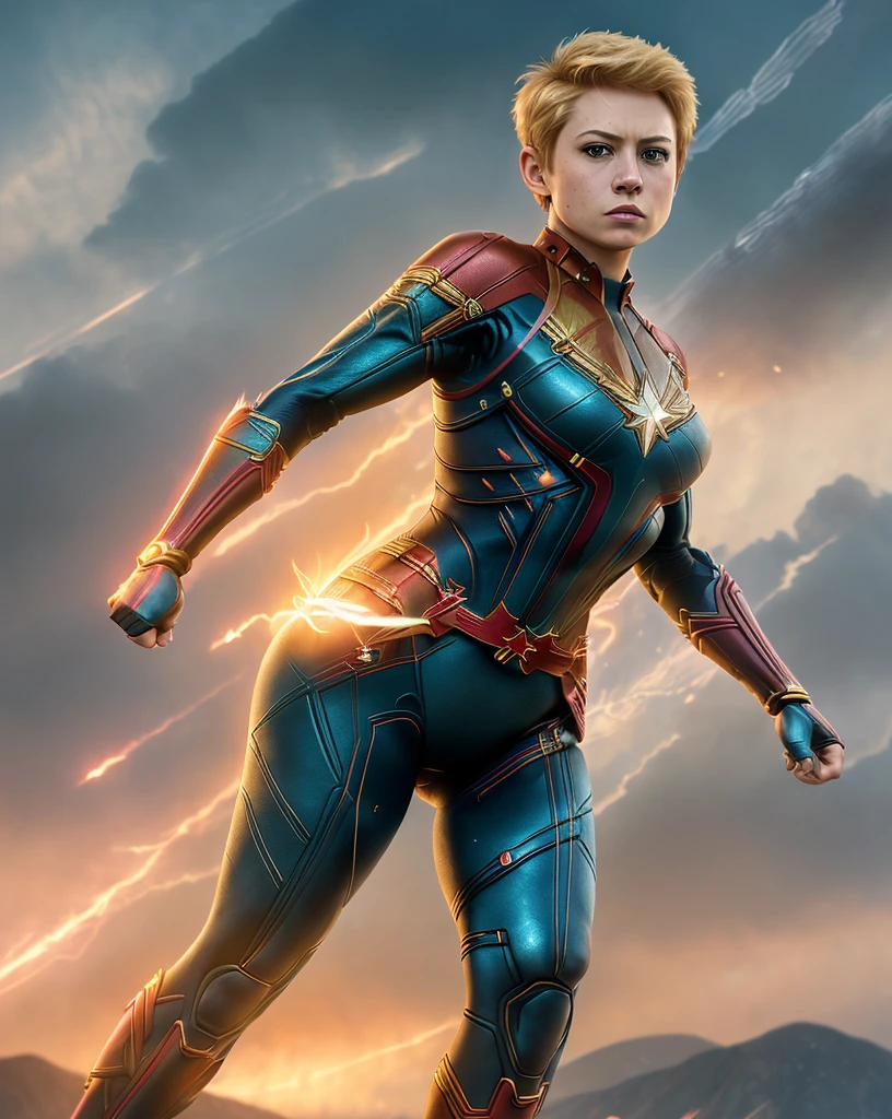 full body shot of kathwin:1,side lighting,(short pixie hair:1.3),rim lighting on hair, shallow sharp depth of field, feminine heroic,(curvy:1.4), (highly detailed), (Award winning), (Masterpiece), movie still, (HDR), (8k wallpaper),captain marvel suit,flying,sky background,female focus