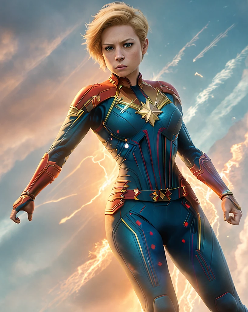 full body shot of kathwin:1,side lighting,(short pixie hair:1.3),rim lighting on hair, shallow sharp depth of field, feminine heroic,(curvy:1.4), (highly detailed), (Award winning), (Masterpiece), movie still, (HDR), (8k wallpaper),captain marvel suit,flying,sky background,female focus