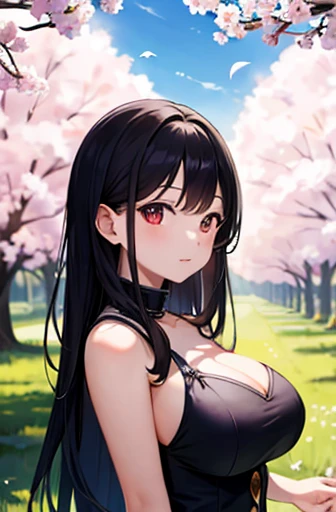 (masterpiece), Highest quality, High resolution, Very detailed, Detailed Background, Perfect lighting, Outdoors, One girl, Cherry tree in full bloom,Big Breasts、Long black hair