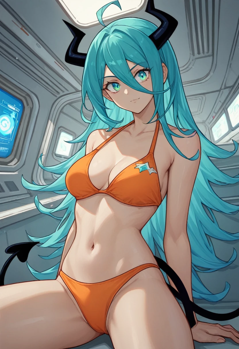 score_9, score_8_up, score_7_up,1 daemon woman, black horns, black demon tail, (aquamarine hair),aquamarine green color hair,ahoge, long hair, (long hair),bangs, light orange bikini, bikini is orange, bikini orange, orange bikini!, (aquamarine eyes), background is spaceship, aquamarine eyes, 1woman ,facing viewer, daemon girl, close up,Well-endowed, alone, Spacecraft interior, sexy pose
