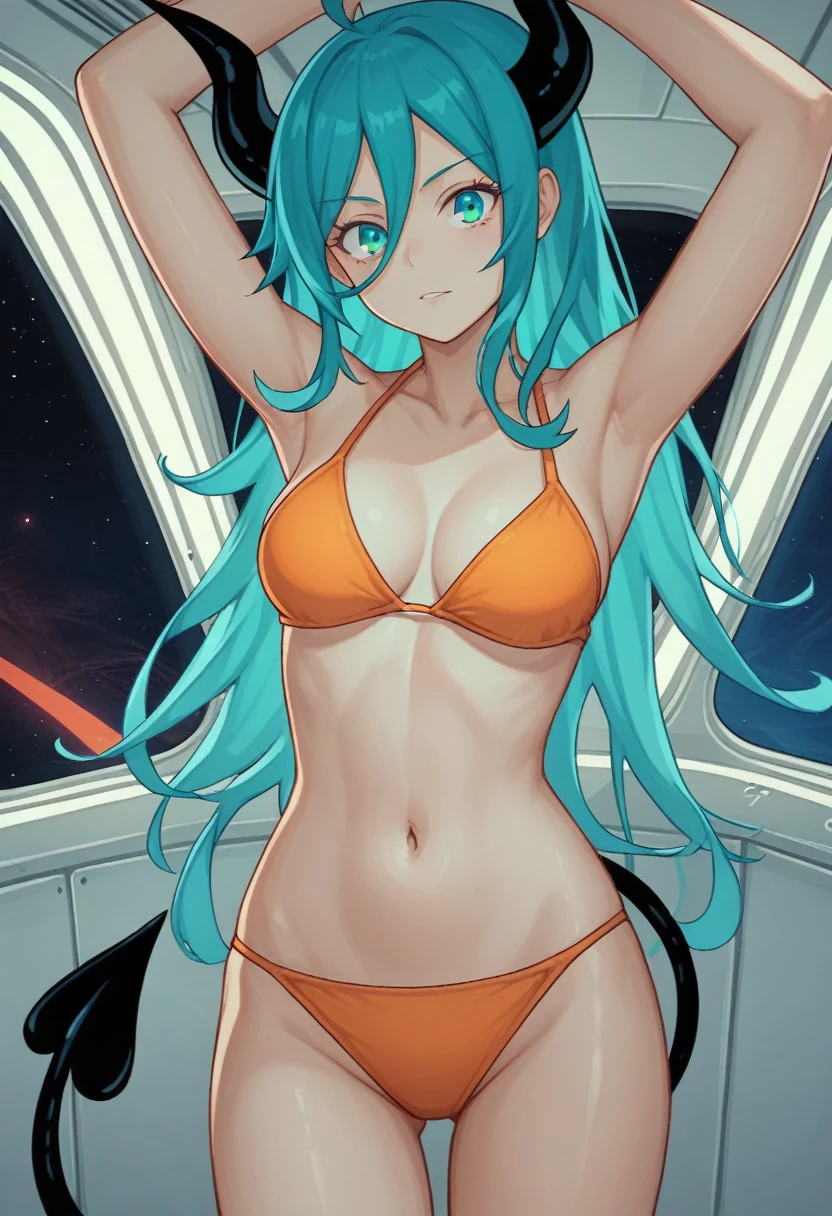 score_9, score_8_up, score_7_up,1 daemon woman, black horns, black demon tail, (aquamarine hair),aquamarine green color hair,ahoge, long hair, (long hair),bangs, light orange bikini, bikini is orange, bikini orange, orange bikini!, (aquamarine eyes), background is spaceship, aquamarine eyes, 1woman ,facing viewer, daemon girl, close up,Well-endowed, alone, Spacecraft interior, sexy pose