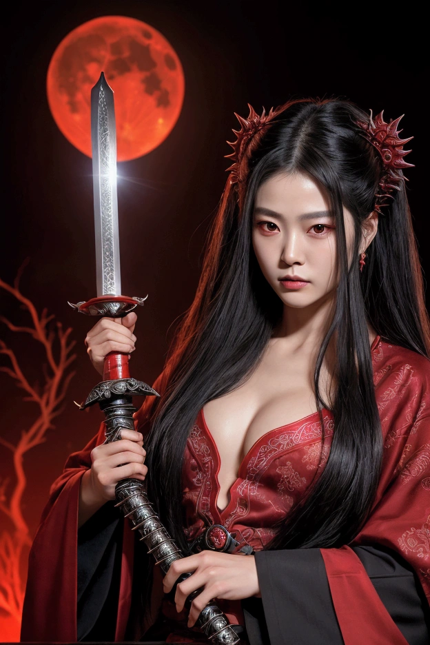 Photographic depiction Real Absurd, High resolution, Super detailed, High resolution, masterpiece, Highest quality, Highly detailed face, Delicate features, Xue Yu, Ungroomed, spiky hair, Black Hair, Long Hair, Hair between the eyes, Expressive red eyes, Thousand Years War, alone, Sexy man, Holding a sword in his right hand, good looking, Firm chest, black haori, red Fantasy robes, moon, Red water blood, Fantasy, magic, envy magical, forest, Red Dust, red lantern, Red floating round light