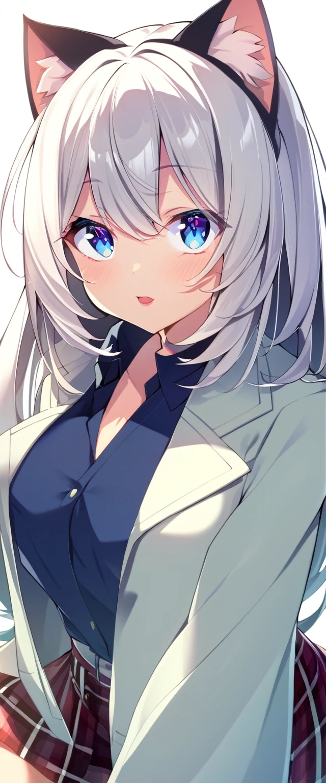 one girl, cat ears, white hairs, naive, hair eyes, light blue eyes