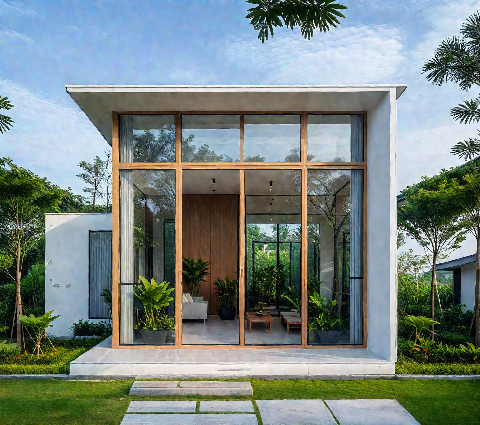 A hyper-realistic , a modern one-story house with a minimalist design, (very small house: 1.2) ,((with a facade less than 4 meters wide:1.2)), white and glass materials, wood, The house has a flat roof, large floor-to-ceiling glass windows, The garden includes various tropical plants and trees. (house as the showroom mini furniture:1.2), front view, elevation view