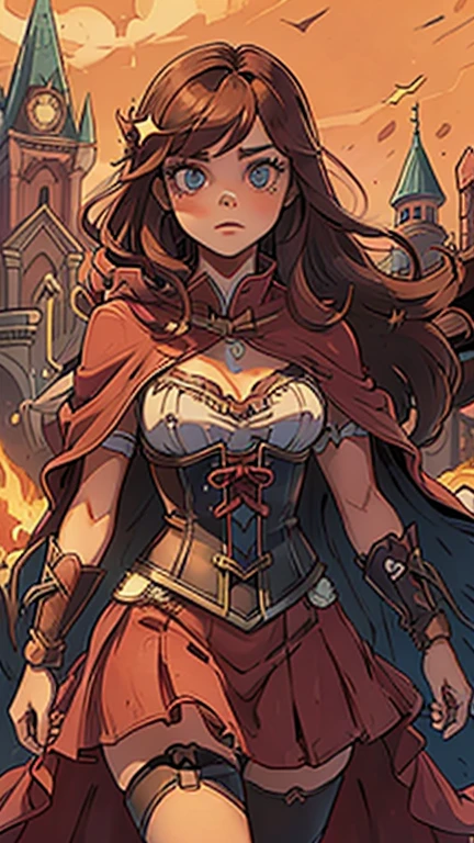 (Dominican: Caribbean:1girl: RedHoodWaifu,Superhero), (extremely detailed CG unit 8k wallpaper),(master part), (best quality), (ultra detali), (best illustration),(melhor ombre), cowboy shot, (Sharp eyeliner, ombre, detailedeyes:1), Disney Castle background, ,break , (star15escola:1.2), hair ornament,long hair ,brown hair, Cameltoe,red hood, cape, corset, dress, red skirt, fruit basket