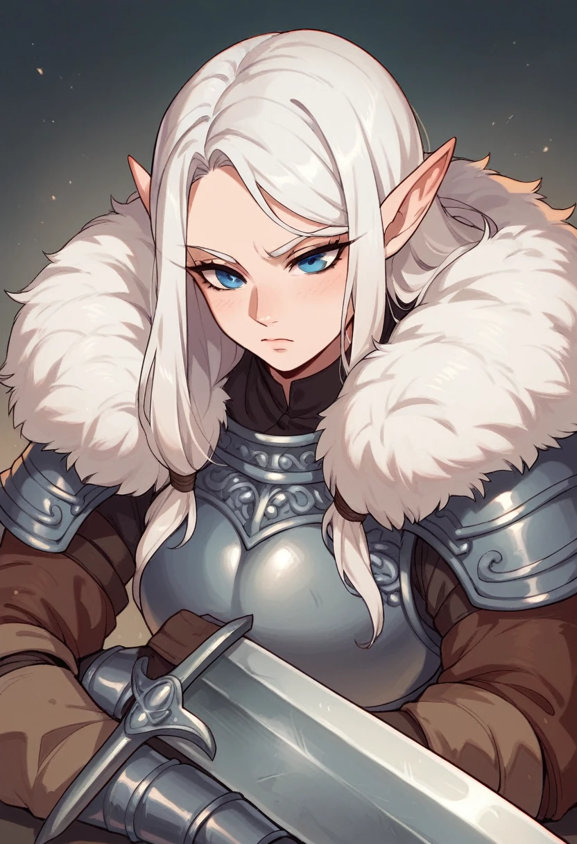 white hair , blue eyes , elf ears , huge  , on florest , long hair , nord-female, viking, armor, helmet, fur trim, sword and shield