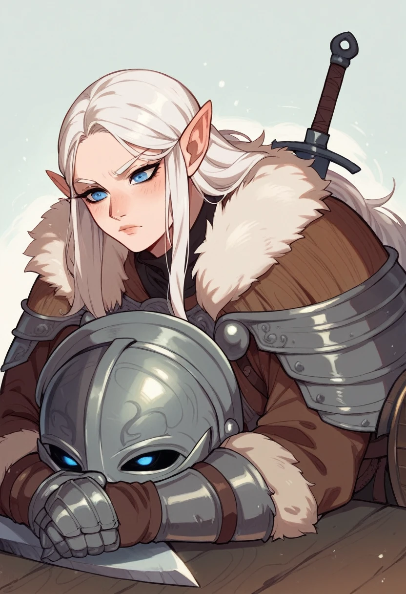 white hair , blue eyes , elf ears , huge  , on florest , long hair , nord-female, viking, armor, helmet, fur trim, sword and shield