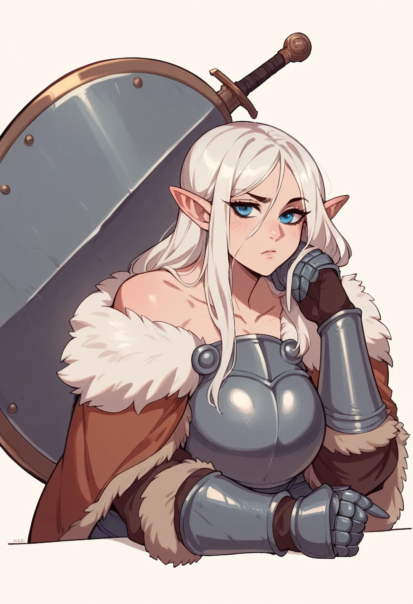 white hair , blue eyes , elf ears , huge  , on florest , long hair , nord-female, viking, armor, helmet, fur trim, sword and shield