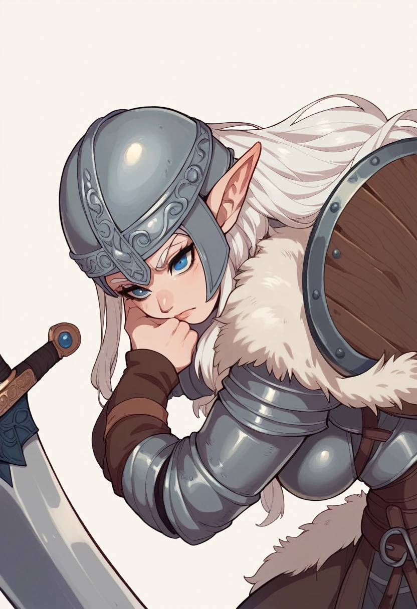 white hair , blue eyes , elf ears , huge  , on florest , long hair , nord-female, viking, armor, helmet, fur trim, sword and shield