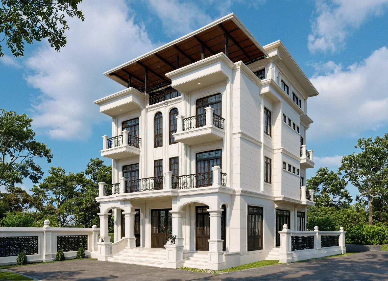 Raw photo,Masterpiece, high quality, best quality, authentic, super detail,
exterior, outdoors, house style indochine on the street ,aiaigroup
road,pavement, grass, trees, sky, cloud, (day:1.1)