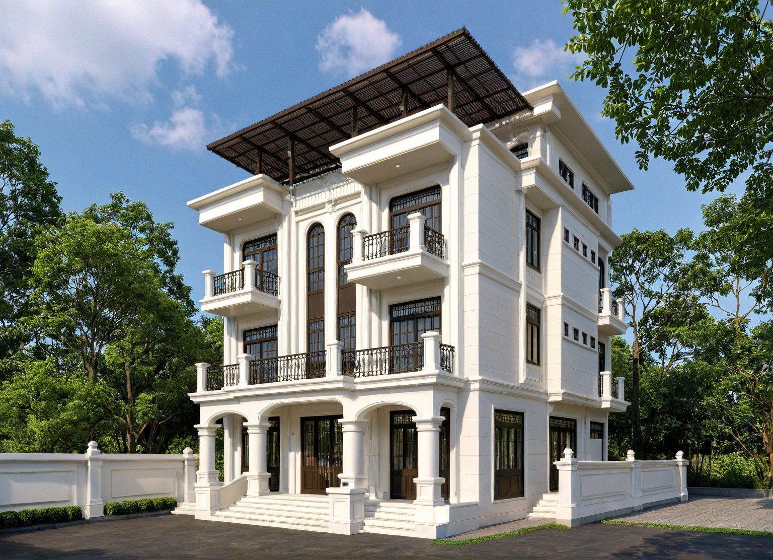 Raw photo,Masterpiece, high quality, best quality, authentic, super detail,
exterior, outdoors, house style indochine on the street ,aiaigroup
road,pavement, grass, trees, sky, cloud, (day:1.1)