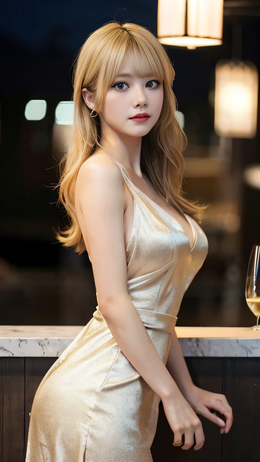 (Highest quality,in 8K,masterpiece:1.3),(超A high resolution,Photorealistic:1.4,RAW shooting),(Ultra-detailed,Caustics,Perfect Anatomy),(Ultra-detailed background,Ultra-Realistic Capture,Beautiful and detailed eyes),(A gorgeous white dress with ornaments:1.1),stand,Japanese,20-year-old,cute,Blonde wavy hair,Sexy Gal,Staring at me,Night Bar,Dynamic Lighting,Photographed from the front,Delicate shoulders,I can see your thighs