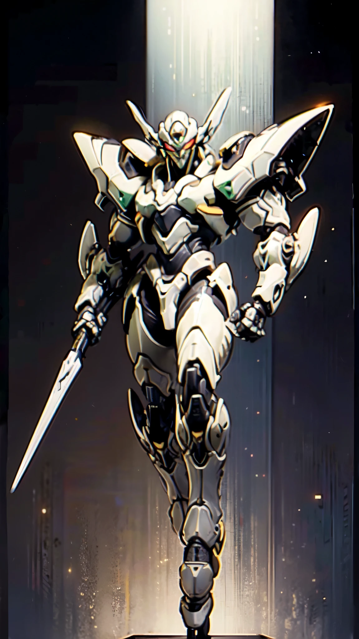 (masterpiece:1.5, best quality:1.5, extremely delicate:1.5), humanoid Mecha, fully enclosed shoulder guards, matching arm and leg guards, full body, full armor, the design balances heavy with agility, (the color scheme is primarily white with red and blue accents, the concept Inspired by Super robot, organic biotech armor, standing, floating high above the futuristic sci-fi city), exquisite and mature art style, (aura effect, energy, glowing eyes, the armor glows), metallic, dramatic, high definition, highres, ultra-detailed, ultra-fine painting, professional, perfect body proportions, anatomically correct, symmetrical face, extremely detailed eyes and face, high quality eyes, creativity, RAW photo, UHD, 32k, Natural light, cinematic lighting, masterpiece-anatomy-perfect
