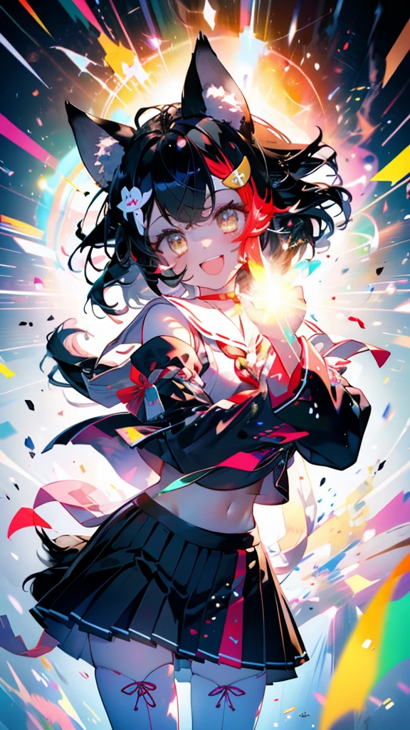(Ultra-high resolution,masterpiece, Attention to detail, Highest quality), 8k,(miosha1, hair ornament, Wolf tail, red choker, black shirt, sailor collar, detached sleeves, black skirt, pleated skirt, white thighhighs, midriff, Bell, rope),(Blessed,Captivating body、Ultra-detailed skin、Super beautiful eyes、Detailed Background),One girl、 (cheerful ,enjoy :1.5),