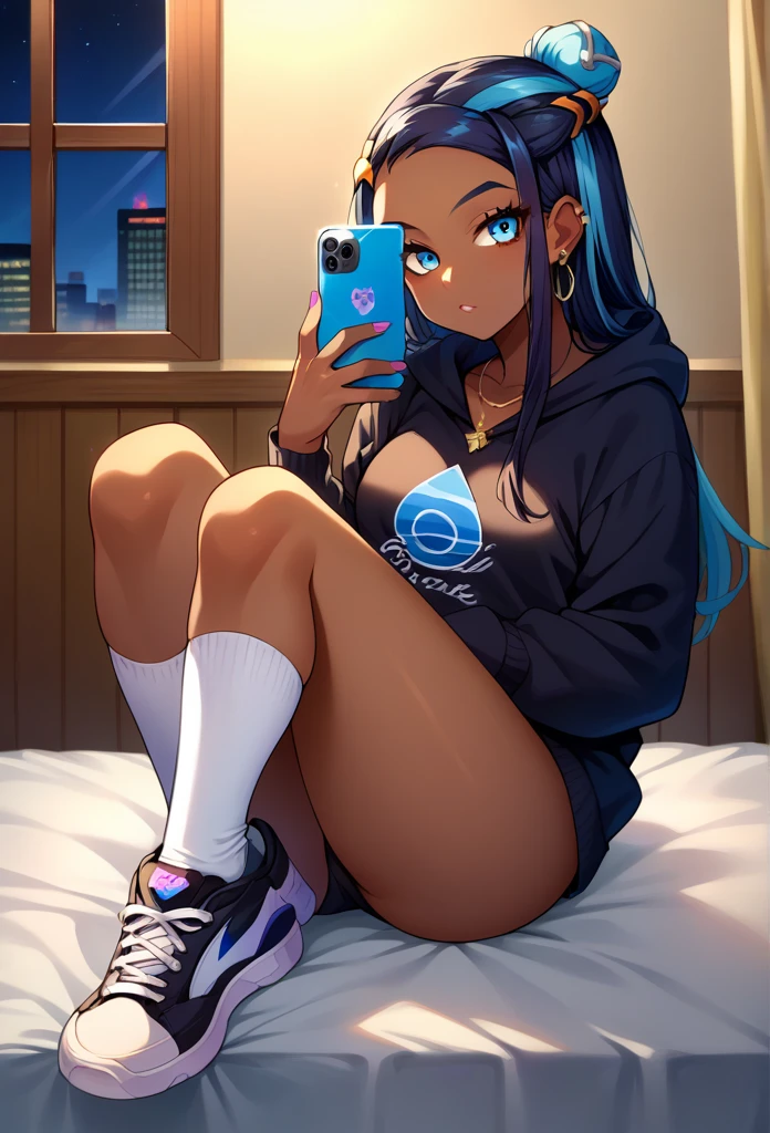 score_9, score_8_up,score_7_up, source_anime, 1girl, solo, EPpkNessa, blue eyes, black hair, blue hair, streaked hair, single hair bun, dark skin, dark-skinned female, necklace, ear piercing, black hoodie, white socks, kneehighs, sneakers, black sneakers, selfie, taking picture, mirror selfie, bedroom, bed, mirror, at a dark room, at night , city view from the window, gyaru,