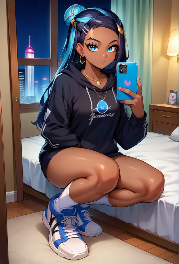 score_9, score_8_up,score_7_up, source_anime, 1girl, solo, EPpkNessa, blue eyes, black hair, blue hair, streaked hair, single hair bun, dark skin, dark-skinned female, necklace, ear piercing, black hoodie, white socks, kneehighs, sneakers, black sneakers, selfie, taking picture, mirror selfie, bedroom, bed, mirror, at a dark room, at night , city view from the window, gyaru,
