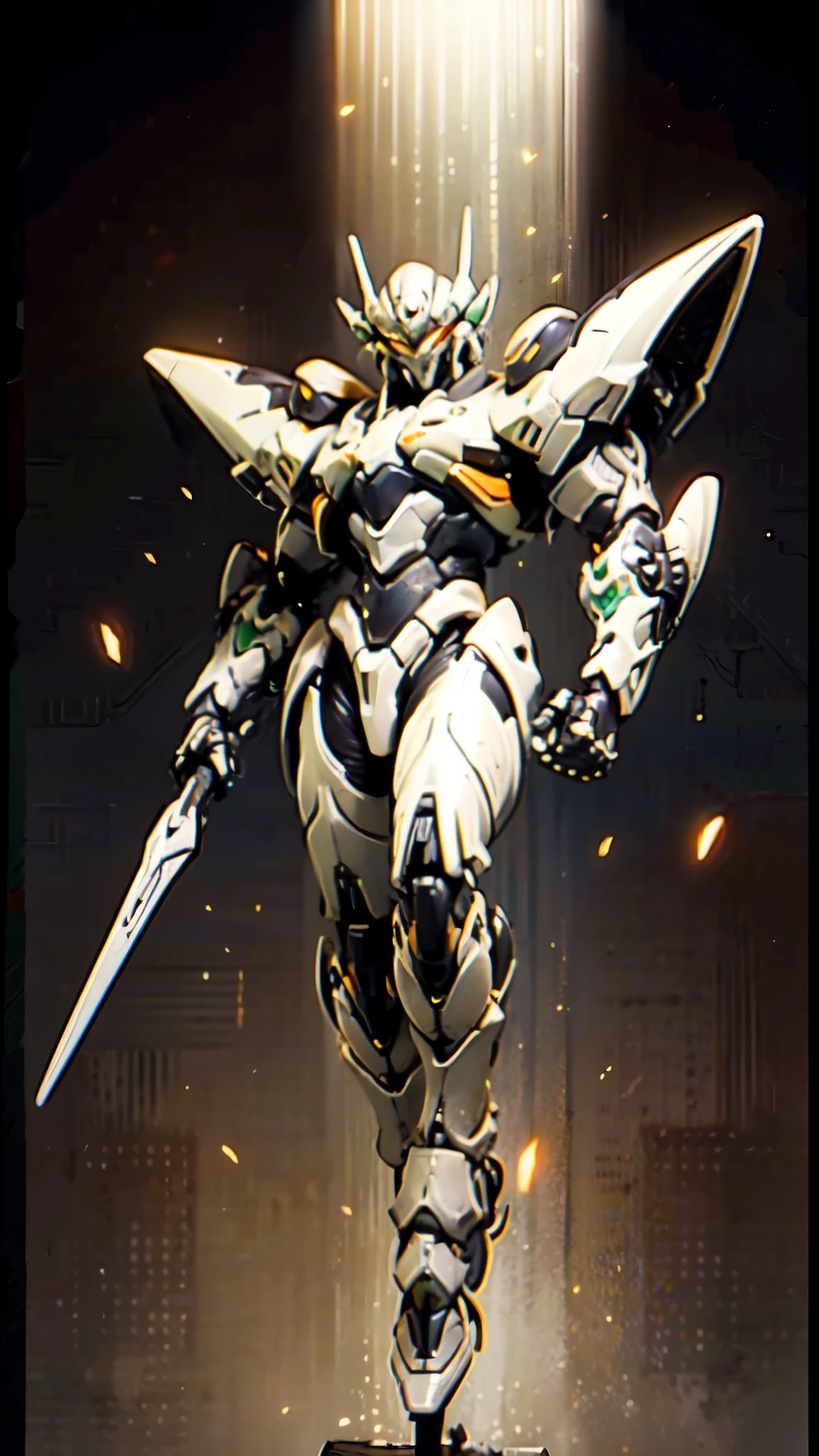 (masterpiece:1.5, best quality:1.5, extremely delicate:1.5), humanoid Mecha, fully enclosed shoulder guards, matching arm and leg guards, full body, full armor, the design balances heavy with agility, (the color scheme is primarily white with red and blue accents, the concept Inspired by Super robot, organic biotech armor, standing, floating high above the futuristic sci-fi city), exquisite and mature art style, (aura effect, energy, glowing eyes, the armor glows), metallic, dramatic, high definition, highres, ultra-detailed, ultra-fine painting, professional, perfect body proportions, anatomically correct, symmetrical face, extremely detailed eyes and face, high quality eyes, creativity, RAW photo, UHD, 32k, Natural light, cinematic lighting, masterpiece-anatomy-perfect