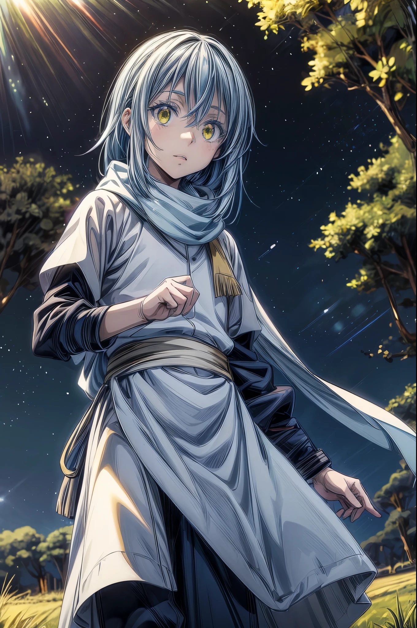 masterpiece, best quality, extremely detailed CG unity 8k wallpaper, Digital art of Rimuru Tempest from the anime TenSura, Cute Boys, long blue hair, Big eyes, Yellow Eyes, Blue lashes, Navy blue clothes, White scarf, The background is the prairie, Lens flare, Cinema lighting, Bright light, Realistic Backgrounds, Octane Rendering Style, Super detailed