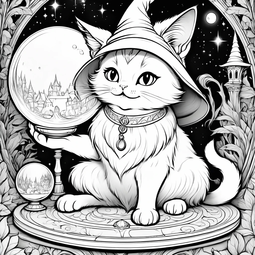 Create a coloring book with no color at all. no shadow, The inside of the line should be white, A white wizard cat is telling fortunes with a crystal ball placed on a table. The cat is wearing a white witch hat. I'm holding my hand over the crystal ball.