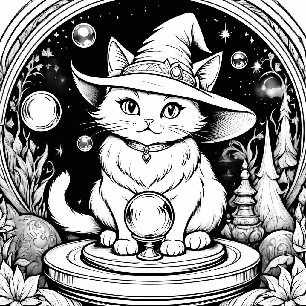 Create a coloring book with no color at all. no shadow, The inside of the line should be white, A white wizard cat is telling fortunes with a crystal ball placed on a table. The cat is wearing a white witch hat. I'm holding my hand over the crystal ball.