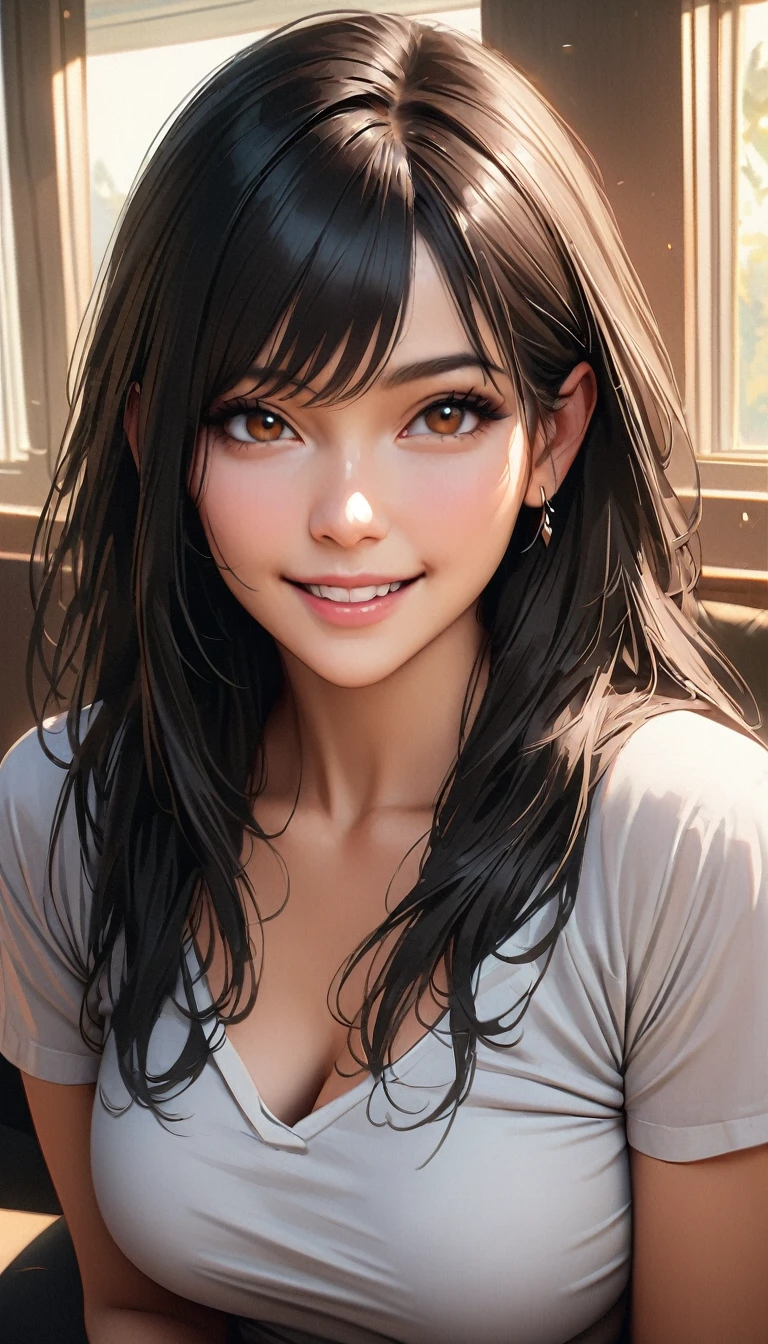 30 years old ,masterpiece , modern, Verism, masterpiece, super detail, best quality, 4K , Realistic:1.1, A beautiful woman , black hair, long hair, light smile, happy,Mature Woman
