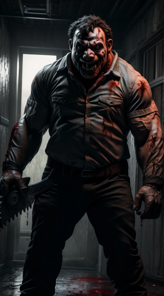 (Highest quality,16K,32K,High resolution,masterpiece:1.2),Very detailed,Like a horror movie、blood droplets、Leatherface、Chainsaw