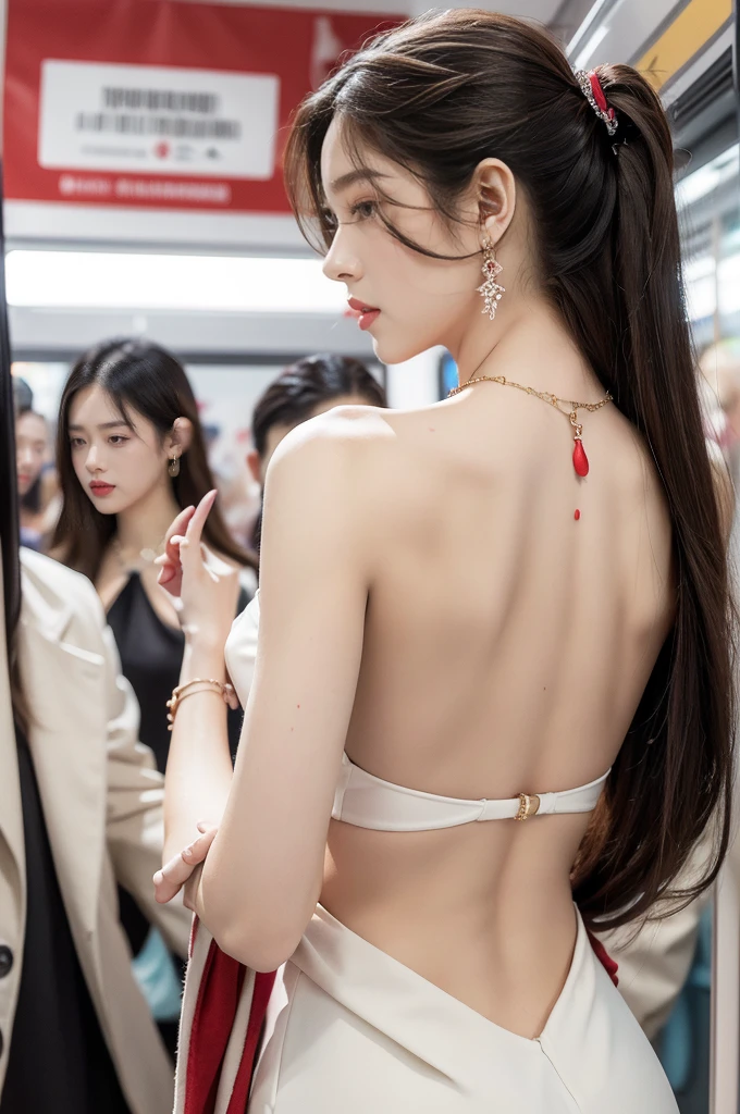 (((best quality))),(((ultra detailed))),(((masterpiece))),illustration,(a stunning girl,solo),(shoulder length straight hair:1.2),((earrings,necklace)),((slim,thin)),((bare back,towering hips,butt crack)),(standing:1.3), ((awkwardly,painful,embarrassed)),(In modern high-speed railway carriages:1.3),(white dress splattered with red paint stains:1.3),(surrounded by crowded crowds:1.3),((from back,upper body))