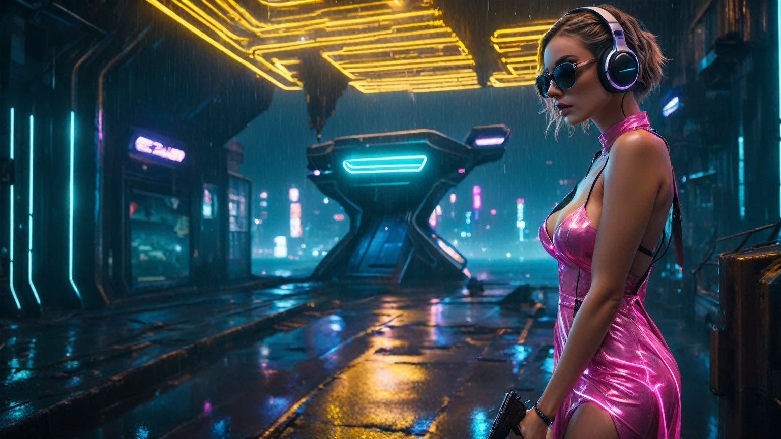 (aerial view, a flying cars docking platform, a very dark abandoned futuristic city, neon lights), rainy night. (((1girl, solo, alone))), large-breast:1.2 slim body, cleavage:1.1, sexy wind blowing wet dress:1.4, (((headphone, black sunglasses, standing and holding pistol:1.8, dynamic rushing pose))), (((((half-body thigh level medium shot))))), cinematic lighting, lens flare, ray tracing.