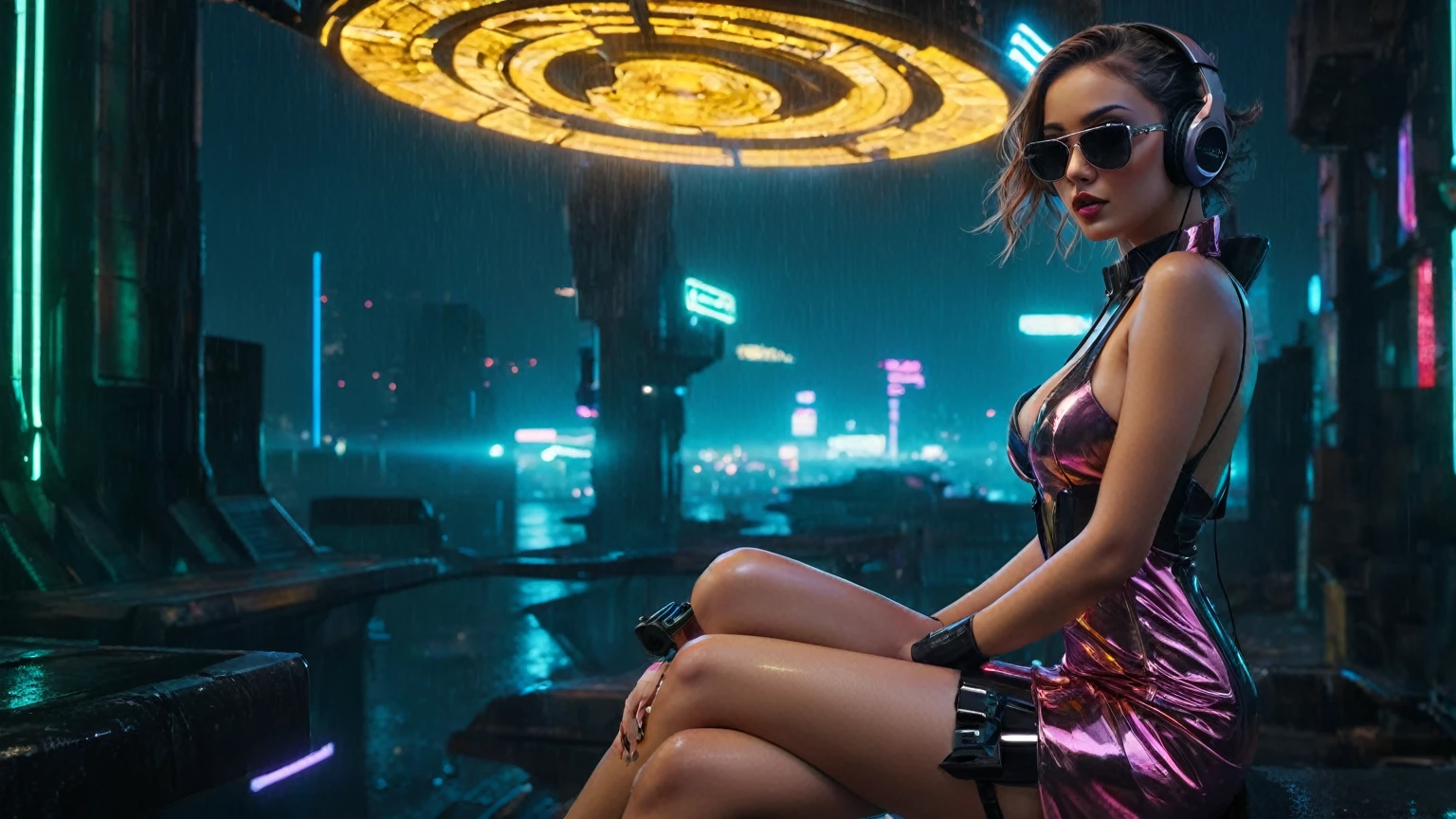(aerial view, a flying cars docking platform, a very dark abandoned futuristic city, neon lights), rainy night. (((1girl, solo, alone))), large-breast:1.2 slim body, cleavage:1.1, sexy wind blowing wet dress:1.4, (((headphone, black sunglasses, standing and holding pistol:1.8, dynamic rushing pose))), (((((half-body thigh level medium shot))))), cinematic lighting, lens flare, ray tracing.