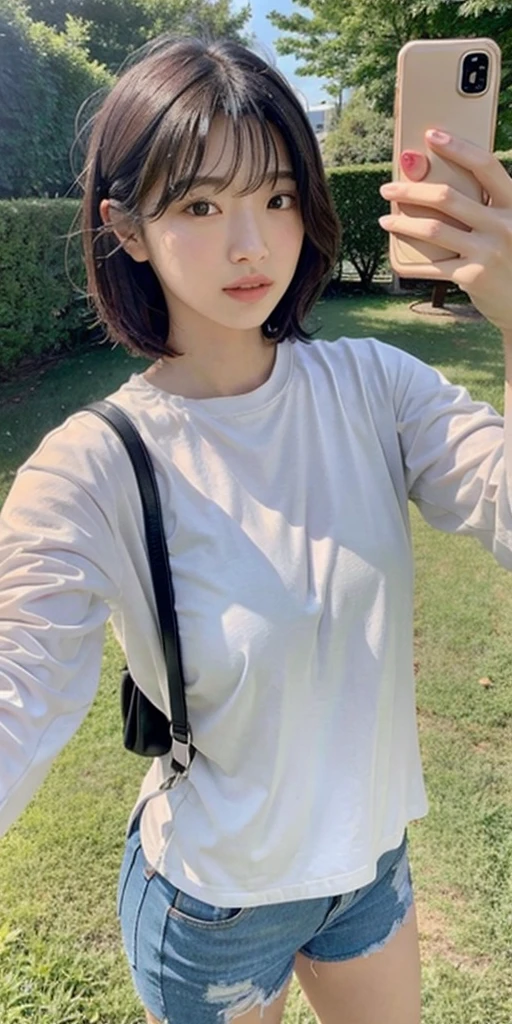 4k realistic, 25 years old, girl, grass, nature, messy hair, short hair, (selfie:1.4), korea style, Korean girl, bae suzy.