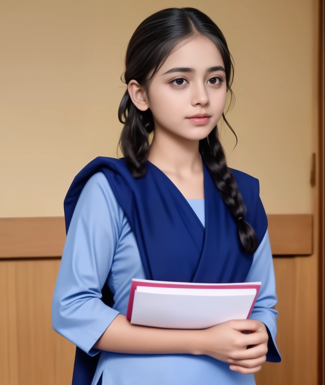 Raw photo , 1 girl  ,Wearing  salwar kameez uniform,  girl, with plait , professional photographer, (hdr:1.4), masterpiece, ultra-realistic 8k, perfect artwork, intrincate details, cute face, award winning photograph, (Best quality, 8k, 32k, Masterpiece, UHD:1.3) 