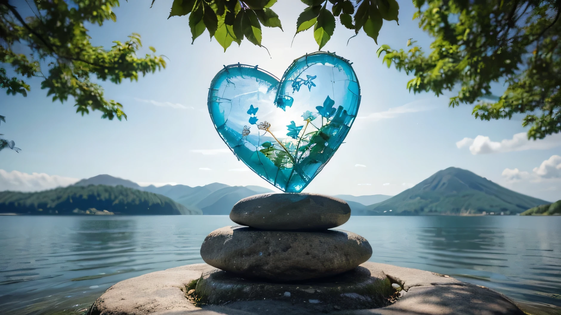 Background design that creates a calm and peaceful atmosphere to support the mental health theme. This image should feature a calming natural scene with elements such as a calm lake, gentle mountains, and a bright blue sky with soft white clouds. Add visual elements like swaying green leaves, free-flying birds, and warm sunlight. In the middle of the background, add symbols related to mental health such as a silhouette of a human head with flowers growing from it, a heart symbol representing self-love, and a meditation circle to reflect balance and peace. Use soft, calming colors such as sky blue, pastel green, pale yellow, and white to create a peaceful and relaxing atmosphere. Add subtle details like calm flowing water, stacked meditation stones, and fluttering butterflies to create a natural feel that supports inner calm. Mental Health Symbols: Use soft, artistic illustrations for mental health symbols, such as heads with growing flowers, hearts covered in leaves, and meditation circles symbolizing harmony. Presents visuals that create an atmosphere of calm and balance, supporting a positive message about the importance of caring for mental health and finding peace within., high resolution photography, wide angle, 8k