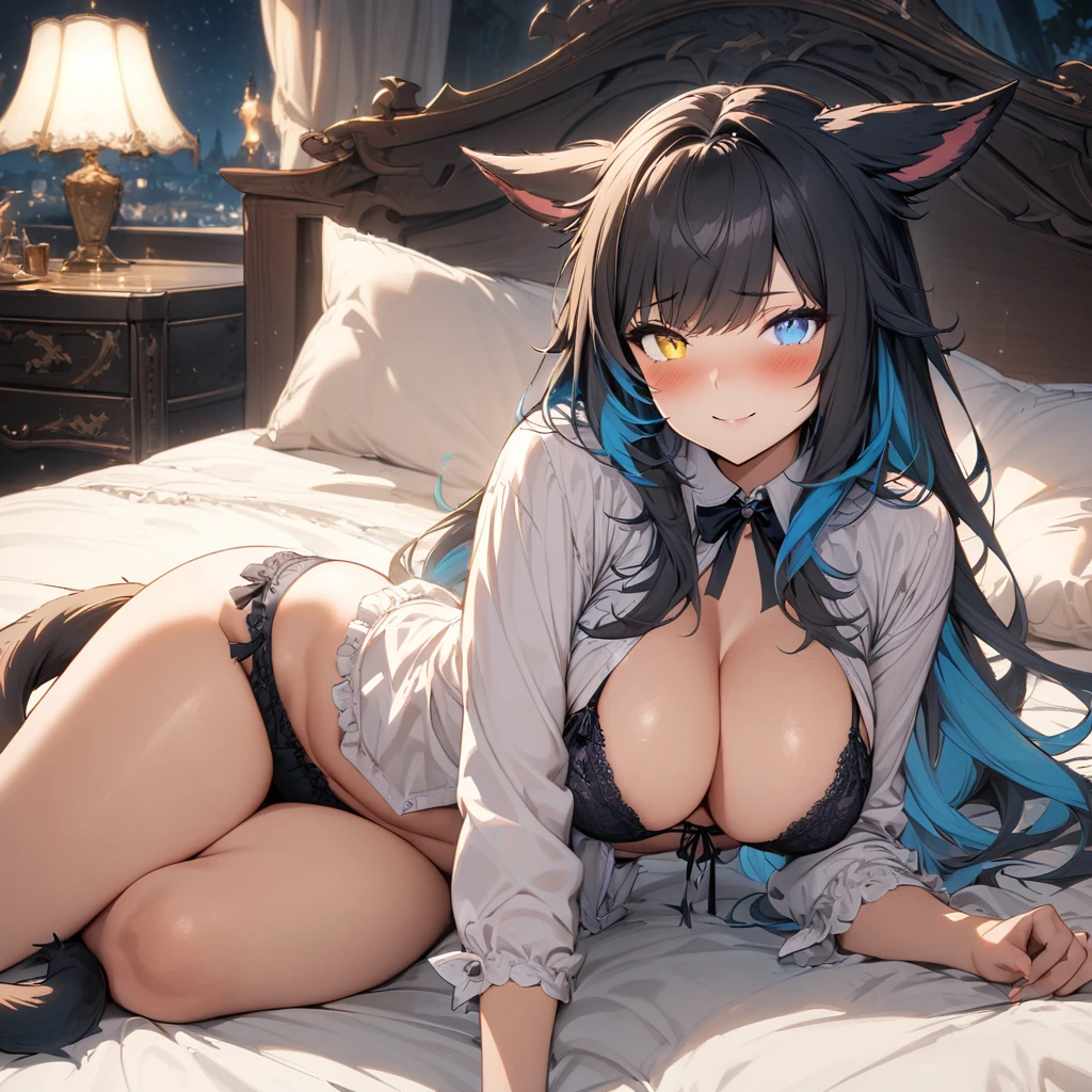 (masterpiece), best quality, expressive eyes, perfect face,1girl,final fantasy xiv,miqo'te,cat ears,cat tail,(heterochormia,yellow eye,blue eye:1.1),pajamas,open shirt,laced lingerie,big breasts,(multicolored hair,black hair,turquiose hair:1.3),long straight hair,[[meadow,night,full moon,starry sky]],cowboy shot,sexy pose,seductive smile,blush,luxury bedroom,lying on side