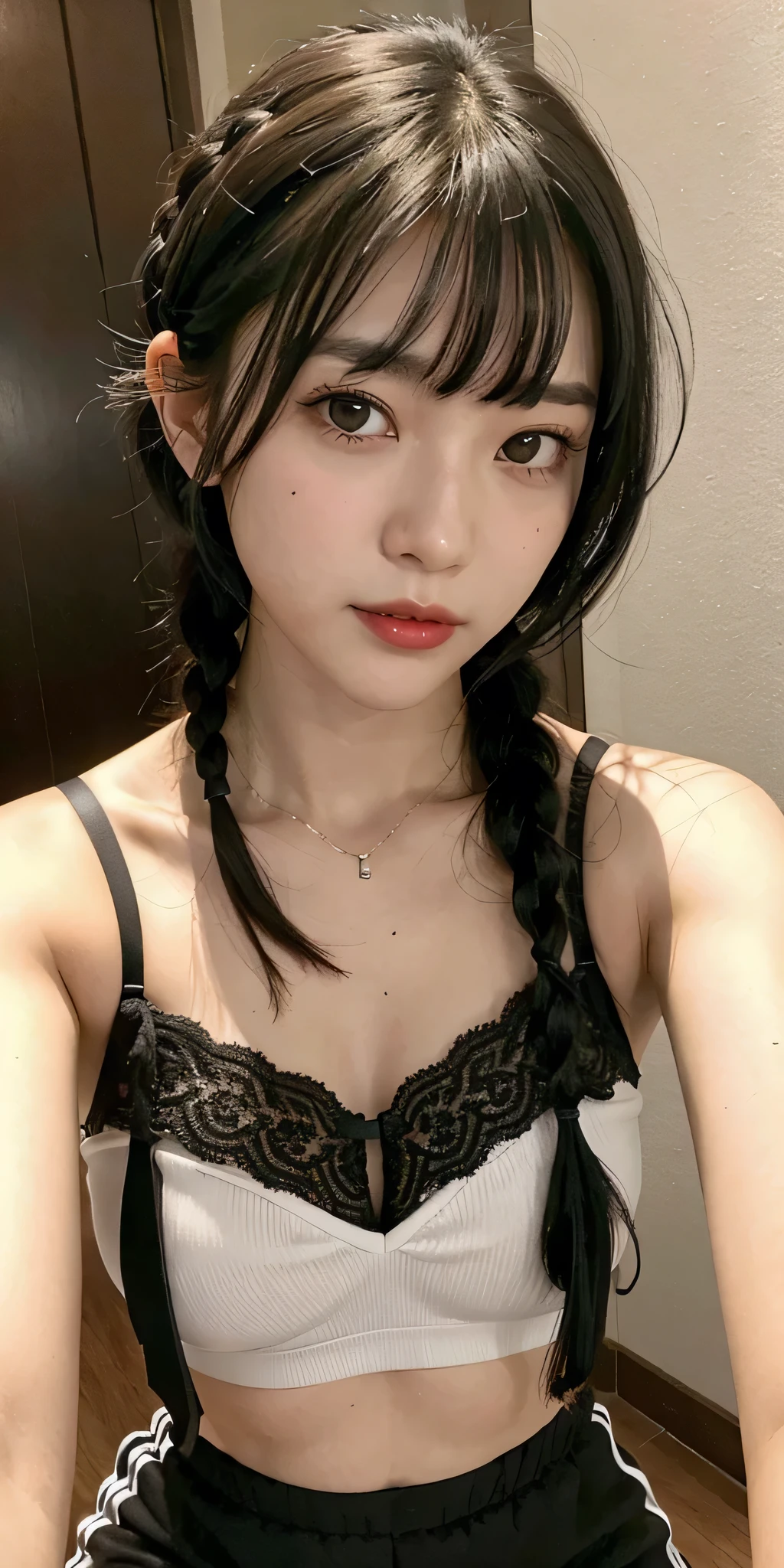 Face focus, portrait, glowing black eyes, feminine style, one girl, asymmetrical bangs, bangs, black hair, braid, bra, camera gaze, smile, night, city, bob hair, abdomen, red lips, shirt, solo, standing, braid, upper body, underwear, pink underwear, perfect body line, beautiful kubire, beautiful, naughty face, (selfie:1.4).