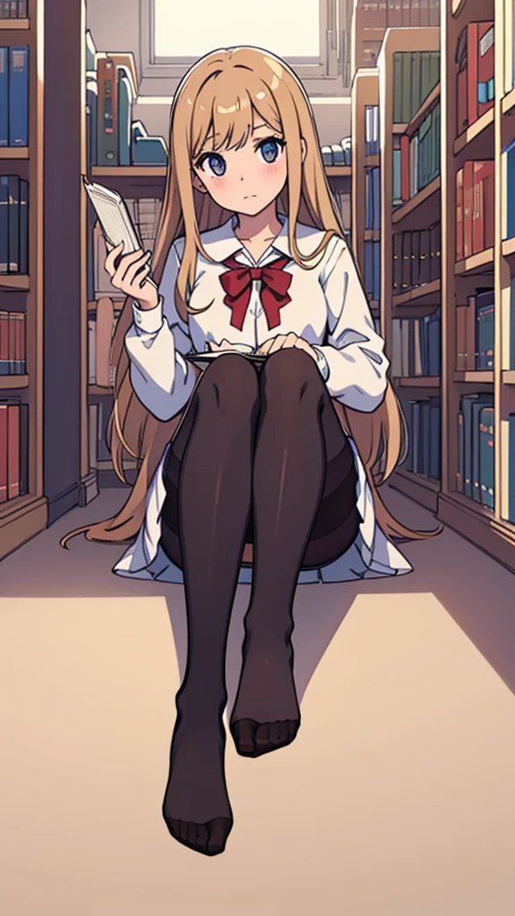 front,Sitting,Pantyhose,high school girl,barefoot,shoes removed,Angle from below,library,