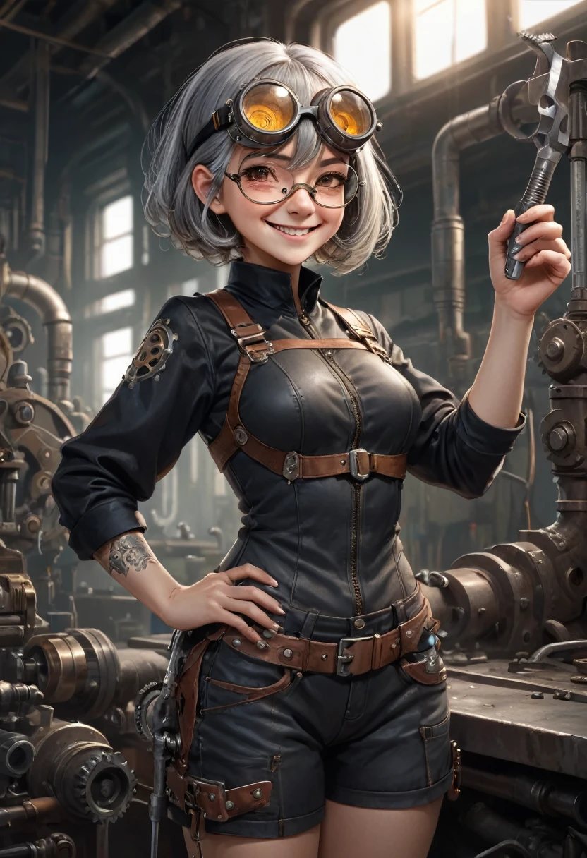 One girl, whole body、steampunk、Fantasy、Mechanic、mechanic、Overlooking, far and near method, Backlight, Anatomically correct, High resolution, Highest quality, bangs, Grey Hair, Bob Hair, 斜めbangs, Grin, Cheeky face, Character portrait, Wearing goggles on your head, reflected light, Holding a spanner in your hand、with a screwdriver in hand、Maintenance Shop