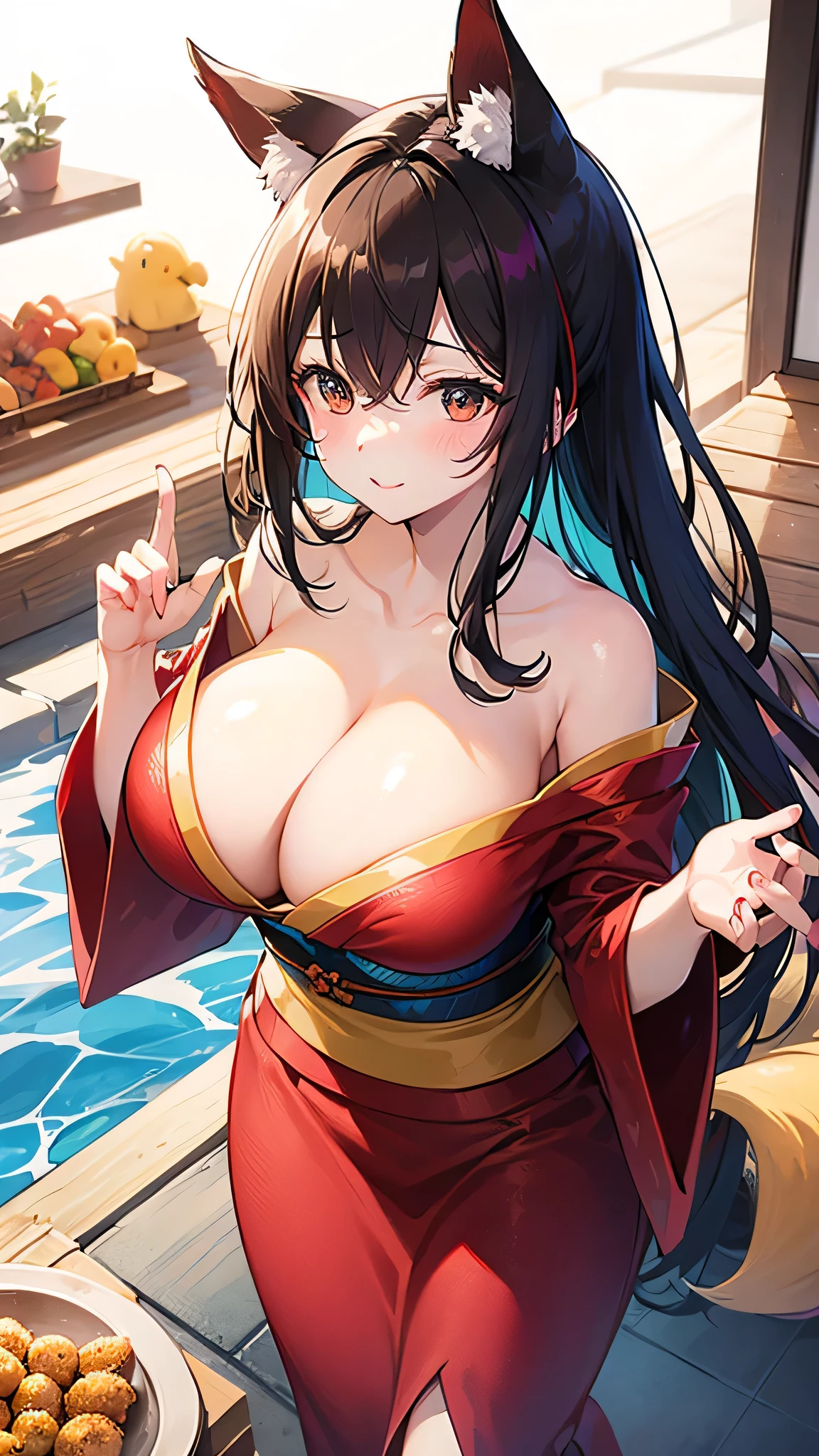 Azur Lane、((Amagnagi))、Brown long hair、Sodium Bicarbonate Ship、Big Breasts、(Fox ears)、(Red and black kimono)