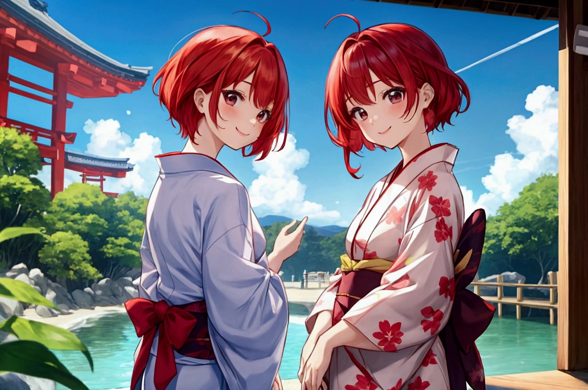 cute、Redhead、short hair、Japanese、Staring at this、Fleeting、masterpiece、Vivid、yukata、smile、kind、turn around，summer