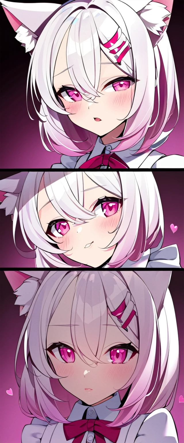 one girl, cat ears, white hairs, naive, hair eyes, pink eyes, love me