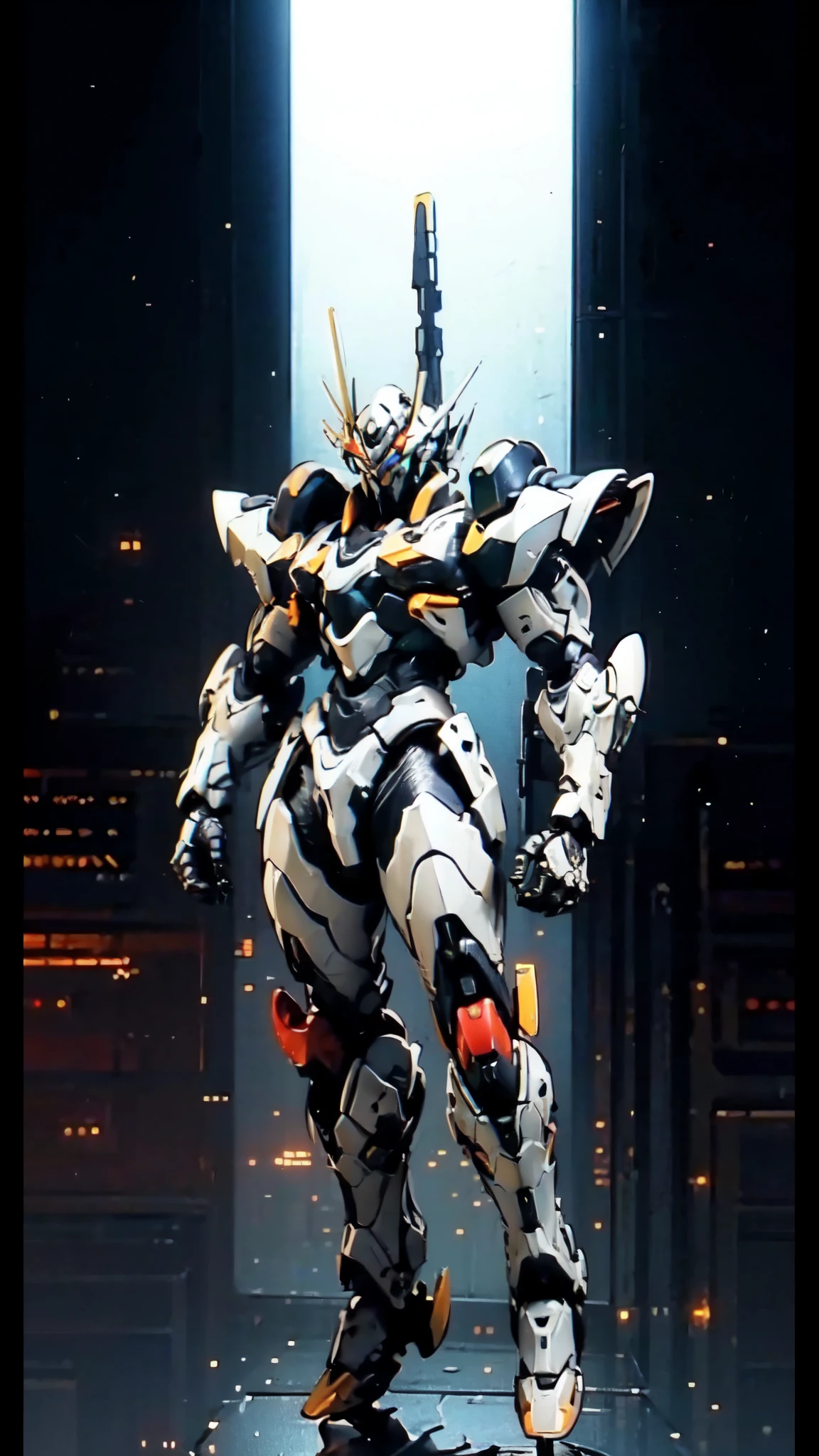 (masterpiece:1.5, best quality:1.5, extremely delicate:1.5), humanoid Mecha, fully enclosed shoulder guards, matching arm and leg guards, full body, full armor, the design balances heavy with agility, (the color scheme is primarily white with red and blue accents, the concept Inspired by Super robot, organic biotech armor, standing, floating high above the futuristic sci-fi city), exquisite and mature art style, (aura effect, energy, glowing eyes, the armor glows), metallic, dramatic, high definition, highres, ultra-detailed, ultra-fine painting, professional, perfect body proportions, anatomically correct, symmetrical face, extremely detailed eyes and face, high quality eyes, creativity, RAW photo, UHD, 32k, Natural light, cinematic lighting, masterpiece-anatomy-perfect